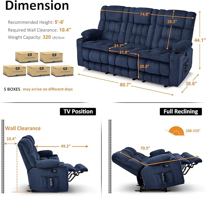 MCombo 80.7" W 3 Seater Power Reclining Sofa with Heat and Vibration Massage, Zero Gravity Recliner Sofa Couch with Drop Down Table for Living Room, Fabric 6316M10