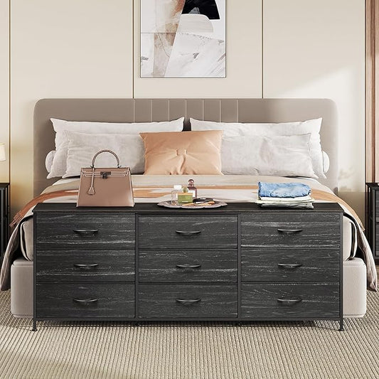 WLIVE 63''W Dresser for Bedroom, Black Dresser TV Stand for 65, 70, 75 inch TV, Wide Chest of Drawers with 9 Drawer, Large Entertainment Center, Fabric Dressers with Wood Top for Closet, Living Room