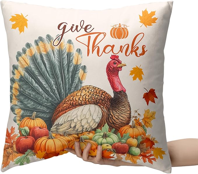Set of 2 Thanksgiving Throw Pillow Covers 16x16 Turkey with Autumn Pumpkin Pillow Covers Fall Harvest Pillow Case Square Cushion Case for Living Room Couch