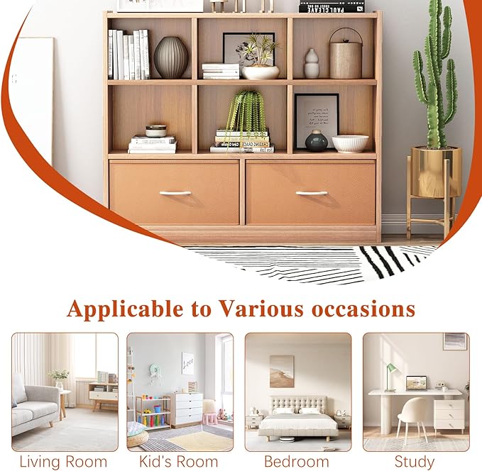 Cube Bookshelf Storage Organizer Bookcase,8 Cube Open Mid-Centur Shelf,Freestanding Display Bookshelve, Modern Wide Toy Shelf with Drawers for Bedroom Living Room Office (Natural)