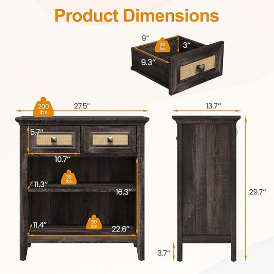Rattan Storage Cabinets Set of 2, Accent Boho Storage Cabinet with 2 Drawers and 2 Open Shelves, Modern Wood Storage Cabinet for Entryway, Front Hall, Hallway, Living Room, Coffee