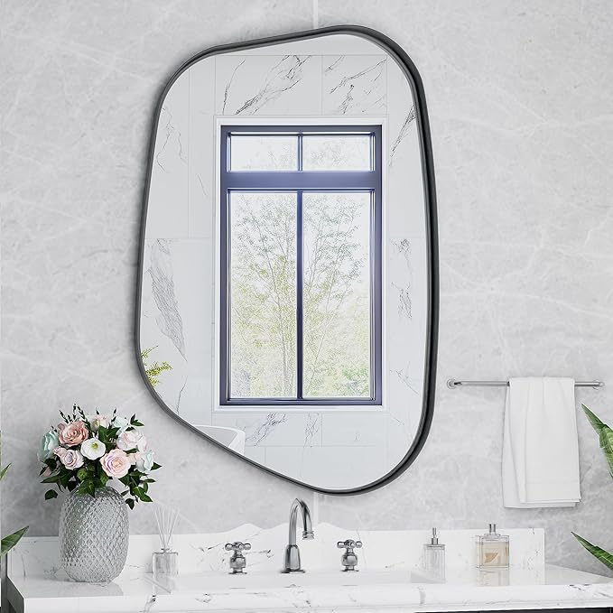 Irregular Wall Mirror 26"x40" Bathroom Mirrors Asymmetrical Artistic Decorative for Living Room Bedroom Bathroom Hallway Entryway,Trapezoid,Black