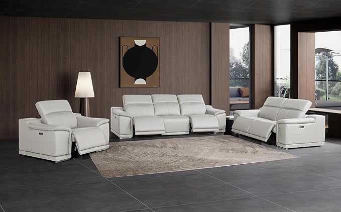 BlackJack Furniture Venice Top Grain Italian Leather Recliner 6 Seater 5 Power 3 Piece Sofa Set with Adjustable Headrests Modern Seating Sofa, Loveseat and Chair for Living Room Lounge, Light Grey