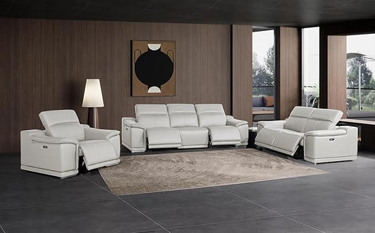 BlackJack Furniture Venice Top Grain Italian Leather Recliner 6 Seater 5 Power 3 Piece Sofa Set with Adjustable Headrests Modern Seating Sofa, Loveseat and Chair for Living Room Lounge, Light Grey
