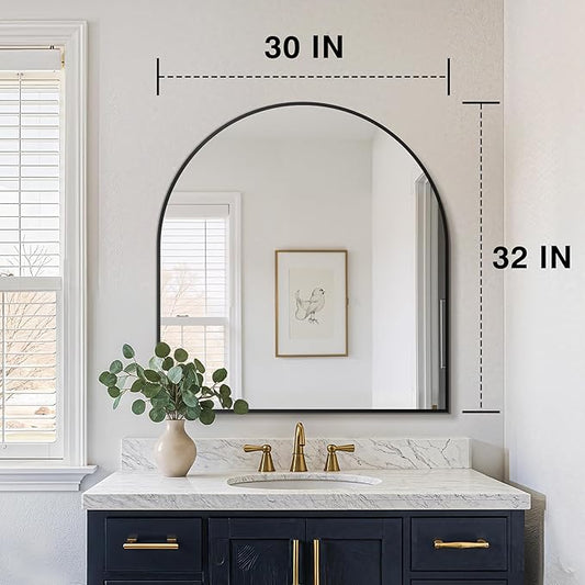 FICTOR Bathroom Vanity Mirror for Wall,32”x30” Arched Metal Framed Bathroom Mirror for Over Sink,Entryway,Living Room,Bedroom(Black)