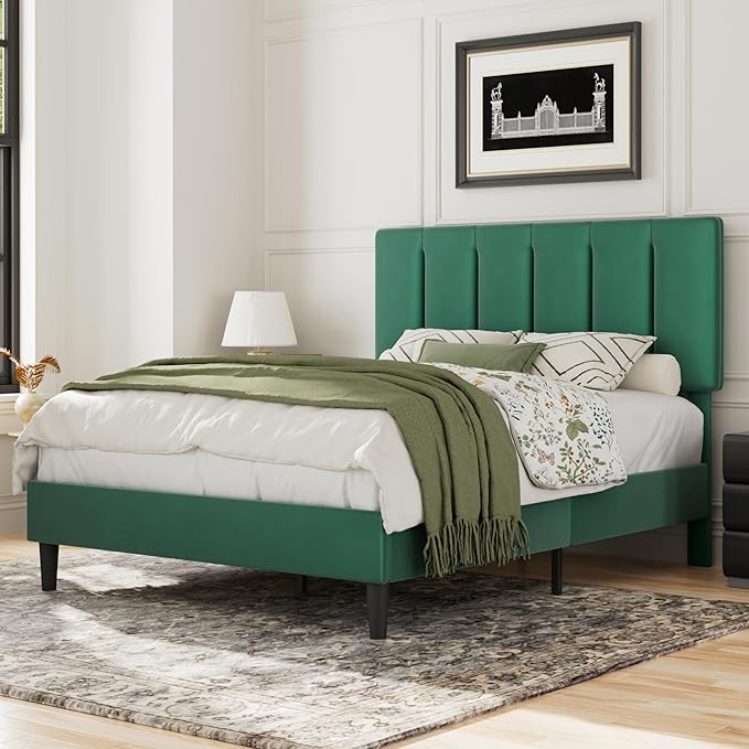 VECELO Full Size Bed Frame with Upholstered Headboard, Heavy-Duty Bedframe with Wooden Slats & Steel Framework, Easy Assembly, Dark Green