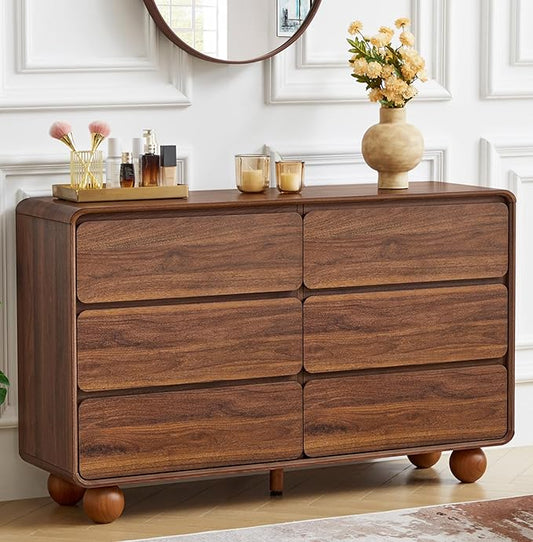AVZEAR Modern 6 Drawer Dresser for Bedroom, 48" Wide Wooden Dresser Chest of Drawers, Handle Free & Curved Profile Design, Mid Century Closet Clothes Storage Organizer for Living Room, Walnut