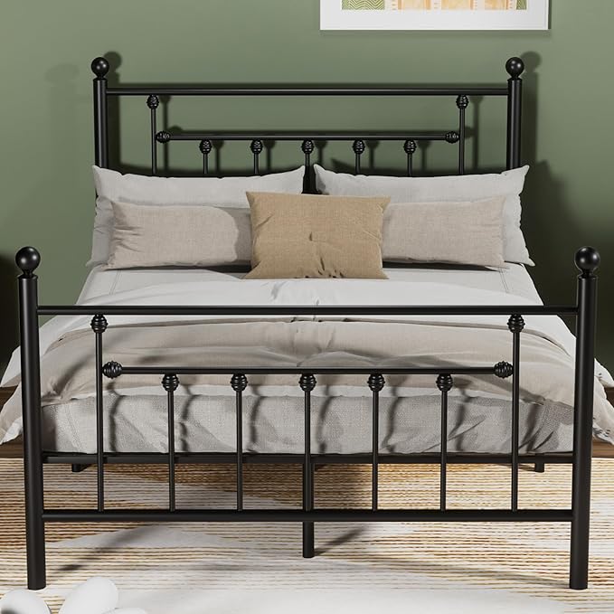 VECELO Queen Size Metal Platform Bed Frame with Headboard and Footboard, Heavy Duty Slat Support / No Box Spring Needed Mattress Foundation/ Underbed Storage Space, Victorian Style