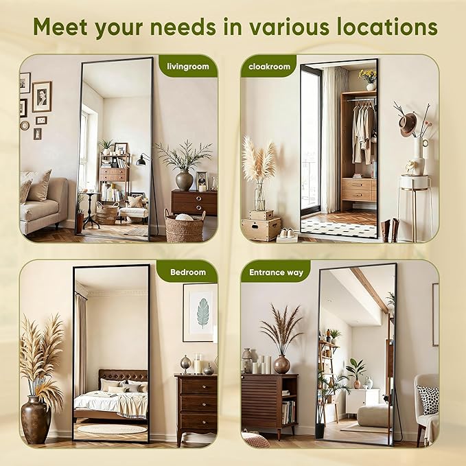 Full Length Mirror, 75"x36" Full Body Mirror, Floor Mirrors with Stand, Body Mirrors Standing Hanging Leaning Against Wall,Aluminum Frame Mirrors for Bedroom Cloakroom,Living Room,Black