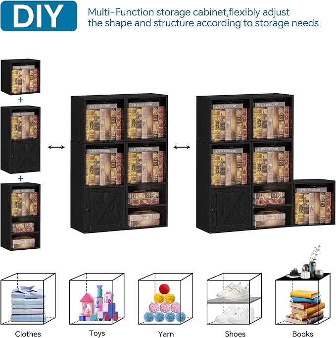 FUSUNBAO Magic DIY Cube Storage Organizer Stackable Cubes, Small Room Organizer Wooden Storage Boxes, Modern Bookshelves, Shelves for Home Books Clothes Toys (Black,2-Layer Cube)