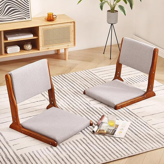Tiita Floor Chair with Back Support, Foldable Meditation Tatami Chairs, Backrest Chair with Cushion, Living Room Chair Seat 2 Pack, Walnut Grey
