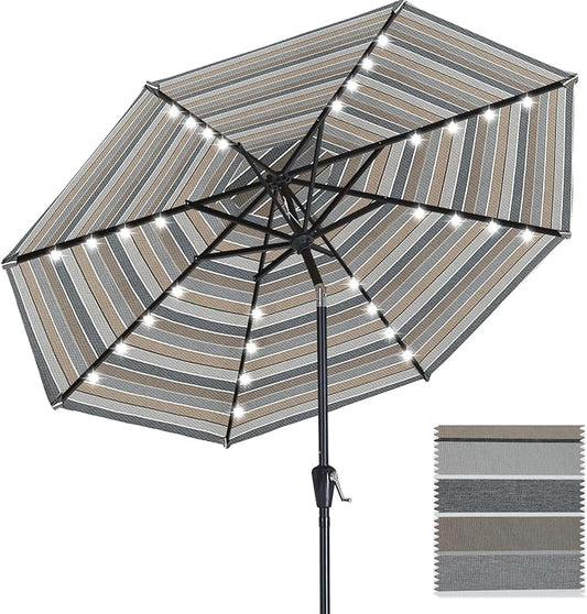 ABCCANOPY OLEFIN® 5-Year No Fading Patio Umbrella with Solar Lights (Gray&Brown Stripe)