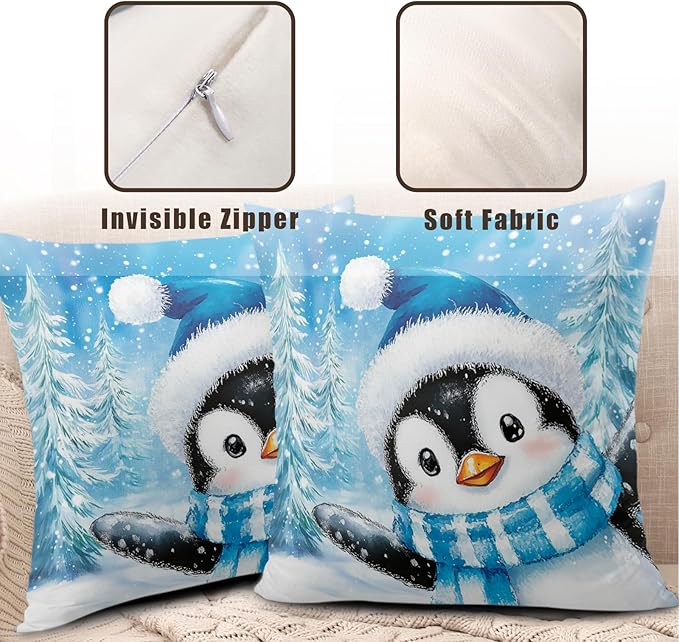 Winter Penguin Pillow Cover 24x24 Set of 2 Blue Christmas Throw Pillow Covers Lovely Penguins Snowman Pine Tree Pillow Case Winter Cotton Cushion Cases for Sofa Chair Patio Bed Couch