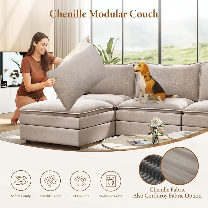Vesgantti 108" Modular Sectional Sofa, Comfy Cloud Couch with Movable Ottoman Deep Seat Chenille L Shaped Modular Sofa, Sectional Couches for Living Room, Bedroom and Apartment, Light Brown | Sink-in Comfort, Height Adjustable, Easy Rearrangement, Extr...