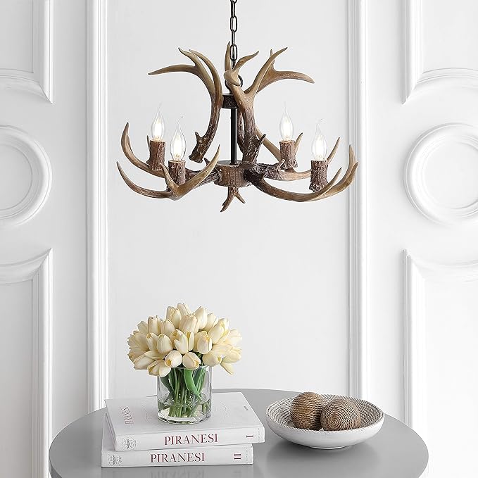 JONATHAN Y 26" Brown Rustic Resin Antler 4-Light LED Chandelier, Farmhouse Faux Deer Horn Hanging Ceiling Light for Dining Room, Kitchen Island, Adjustable Light Fixture JYL6301A