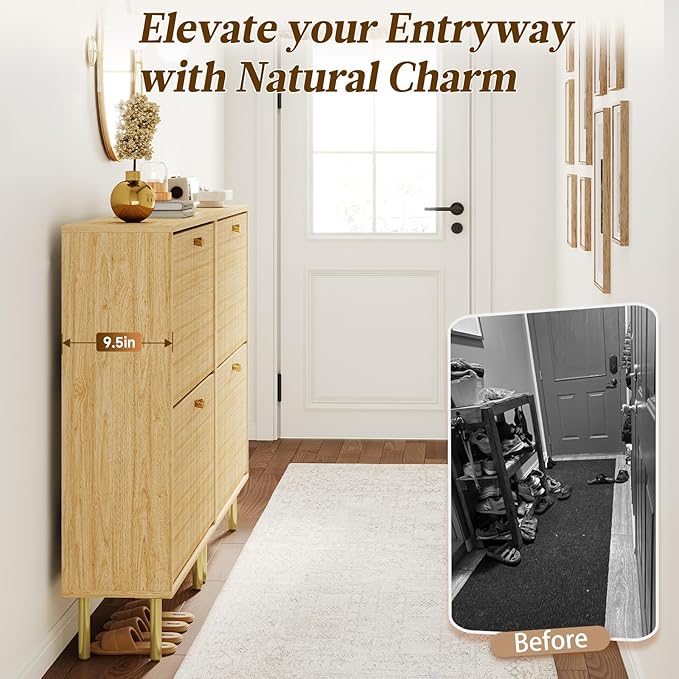 Nicetree Shoe Storage Cabinet for Entryway - Flip Shoe Cabinet with Tiered Fluted Design - Slim Shoe Storage Rack with Gold Legs - Narrow Shoe Cabinet Hidden Shoe Organizer for Small Spaces