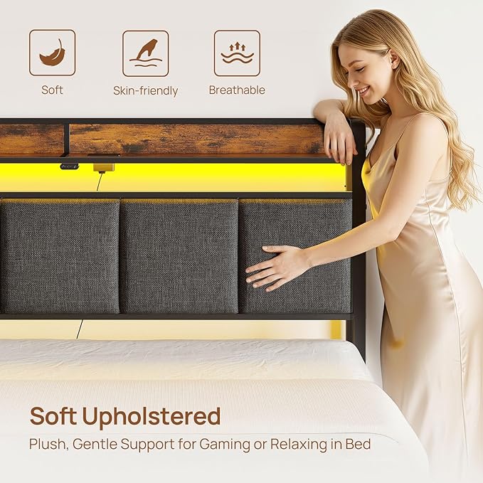 Rolanstar Bed Frame Queen Size with Charging Station and LED Lights, Upholstered Storage Headboard with Drawers, Heavy Duty Metal Slats, No Box Spring Needed, Easy Assembly, Rustic Brown