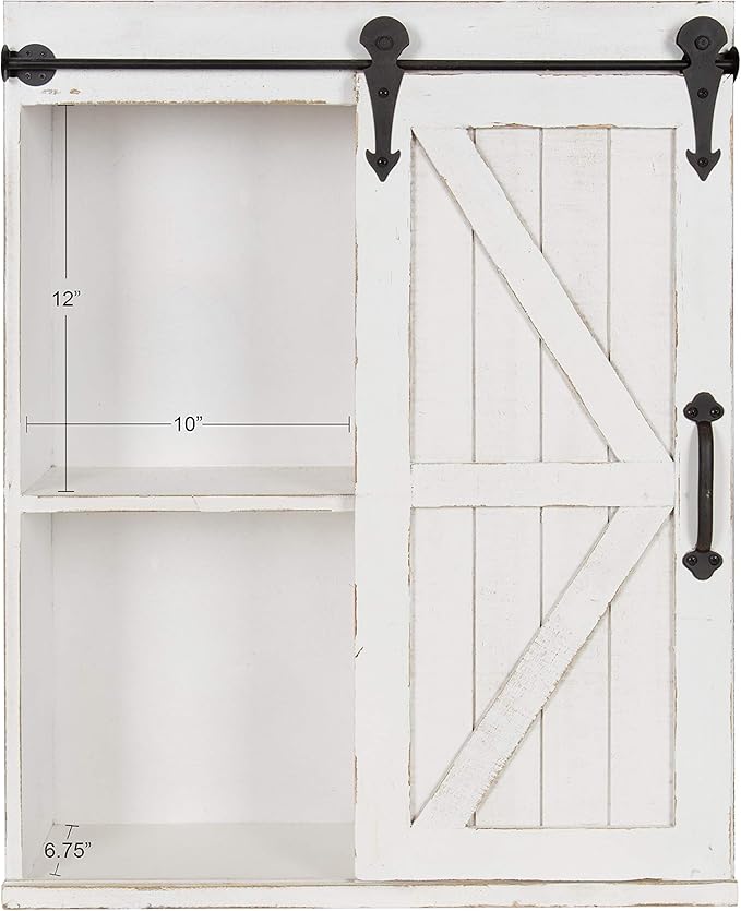 Kate and Laurel Cates Modern Farmhouse Decorative Wood Wall Storage Shelving Cabinet with Sliding Barn Door, Rustic White