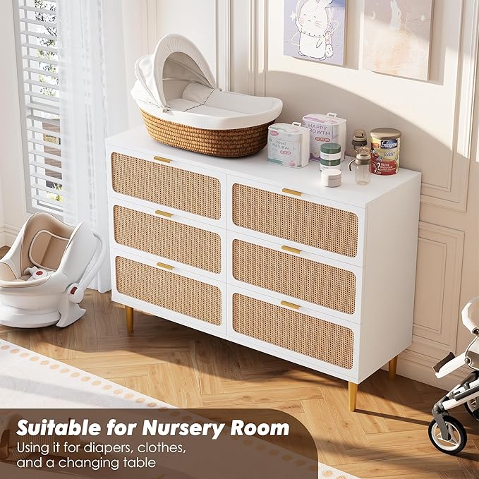 GarveeHome Rattan 6 Drawer Dressers for Bedroom, Large Double Dresser with Deep Drawers, Chest of Drawers for Closet with Wide Top, Long Wooden Dresser for Living Room, Hallway, Kids Room, White