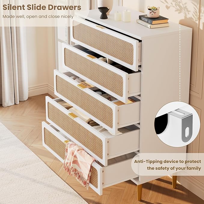 GarveeHome Rattan 5 Drawer Dressers for Bedroom, Tall Dresser with Deep Drawers, Large Chest of Drawers for Closet with Wide Top, Long Wooden Dresser for Living Room, Hallway, Kids Room, White