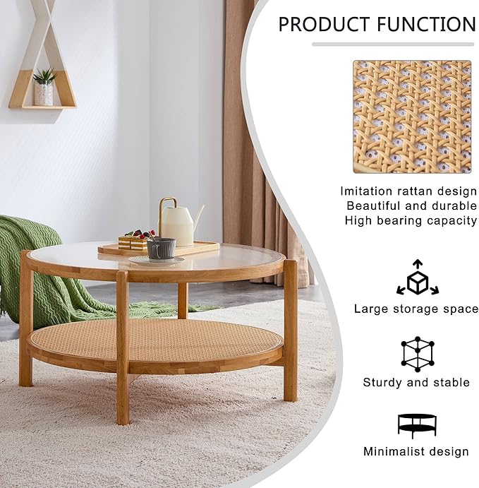 Tempered Glass Round Coffee Table, Farmhouse Circle Coffee Table with Rattan Woven Shelf for Storage, Solid Wood Circular Center Table for Living Room