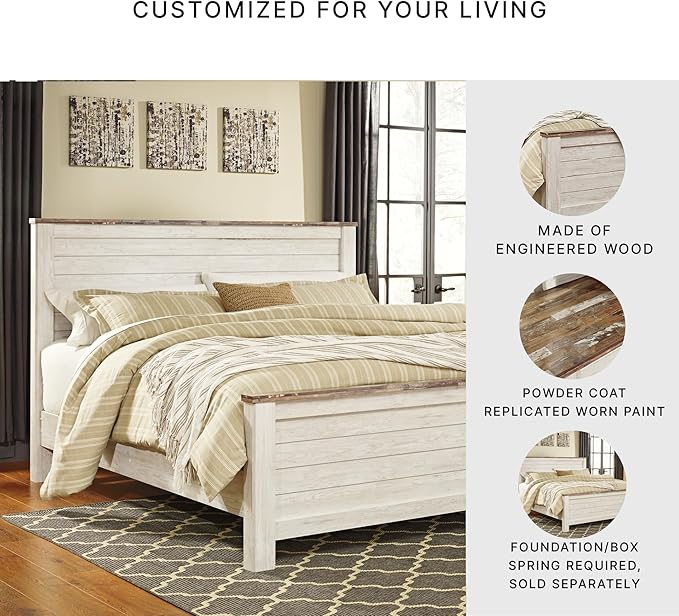 Signature Design by Ashley Willowton Casual King Panel Bed with Metal Slats, Foundation or Box Spring Needed, Whitewash