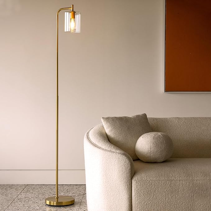 Brightech Elizabeth LED Floor lamp, Tall Lamp with Glass Shade & Edison Bulb, Industrial Lamp for Living Rooms & Offices, Vintage Standing Lamp for Bedroom in Farmhouse or Rustic Style - Gold