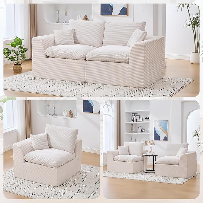 80.3" Cloud Loveseat Boneless Sofas for Living Room, 2 Seaters Modular Foam Cloud Sofa Couches, 2 Seat Compression Foam Couch with Toss Pillows, No Assembly Required