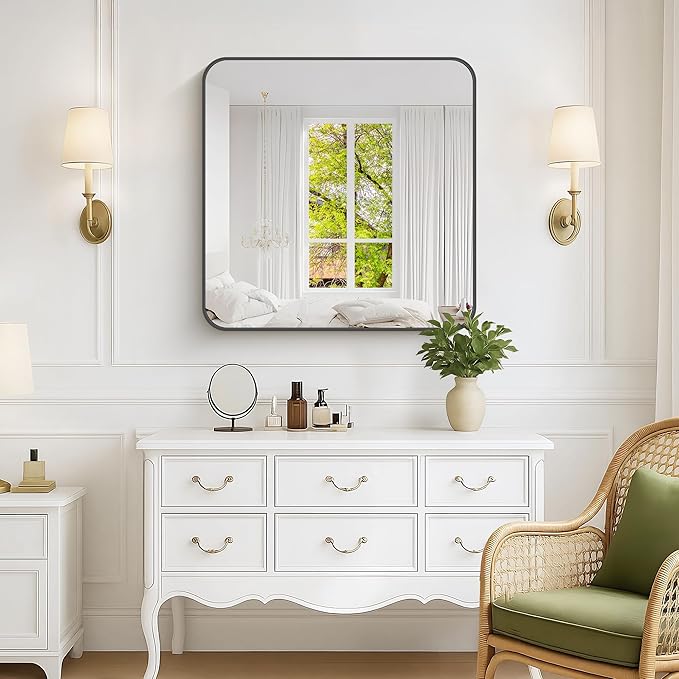 KOCUUY Bathroom Mirror 30"x30", Black Square Mirrors for Over Sink, Modern Vanity Mirror with Rounded Corner Metal Frame, Shatterproof Designed Wall Mirror for Bedroom, Living Room, Entryway
