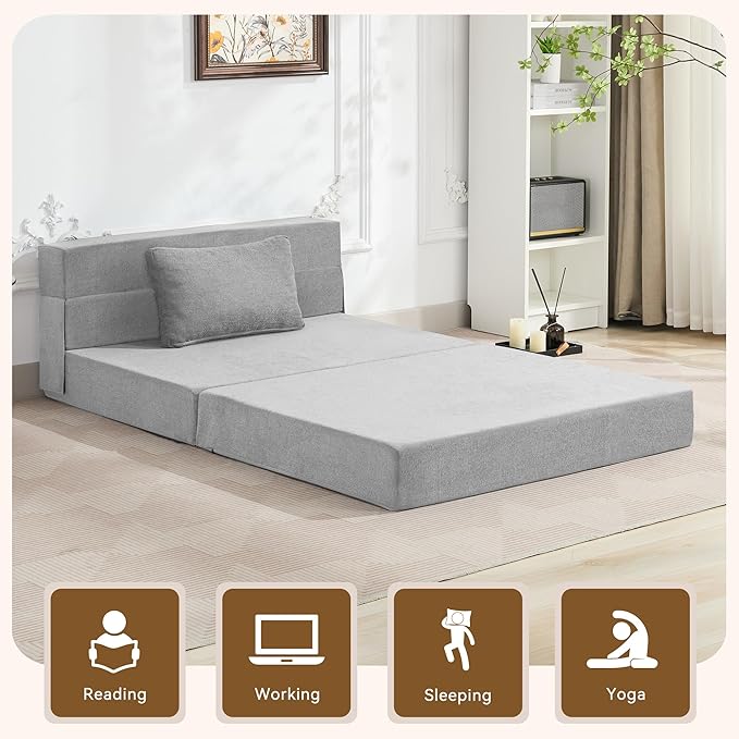 WUTUTUEE Folding Sofa Bed Convertible Floor Couch Foldable Chair Bed with Pillow，Linen Sleeper Chair Futon,Foldable Memory Foam Mattress for Bedroom/Living Room/Dorm/Office (Light Grey, Standard)