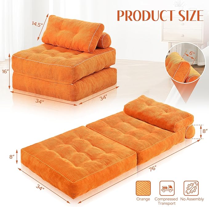 HABUTWAY Folding Sofa Bed, Convertible Sleeper Chair Bed w/Dual-Pillow & Handle, Foldable Floor Sofa Lounge w/Back Support for Living Room, Bedroom, Apartment, Office, Single, Orange