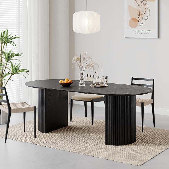 Casaphoria 79" Oval Dining Table, Modern Wood Kitchen Table with Cylinder Stripe Base for Living Room & Dining Room, Easy Assembly Farmhouse Furniture for 6-8, Black