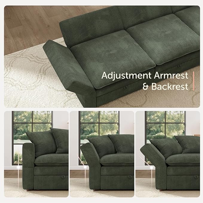 HONBAY Modular Sectional Sofa, 6 Seaters Corduroy Sectional Couchwith Ottoman, L Shaped Sofa with Storage & Pillows, Green