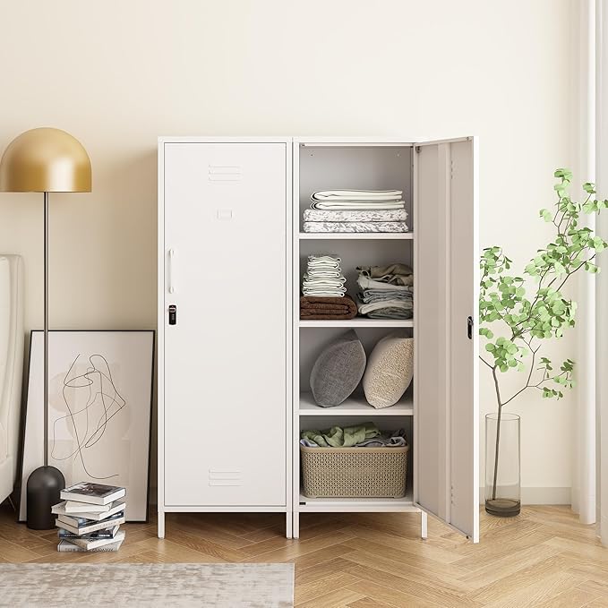 Metal Storage Cabinet, Steel File Locker with 3 Shelves 59.06-inch high for School, Living Room, Bedroom, Office (White, H59.06'')