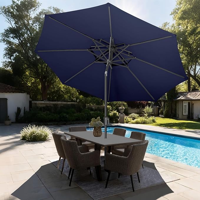 9FT Outdoor Patio Umbrella - 2 Tiers Table Umbrella Waterprool UV Protection, Sombrillas de Patio with Push Button Tilt, Sun Umbrella for Pool, Porch, Garden, Backyard (Navy Blue)