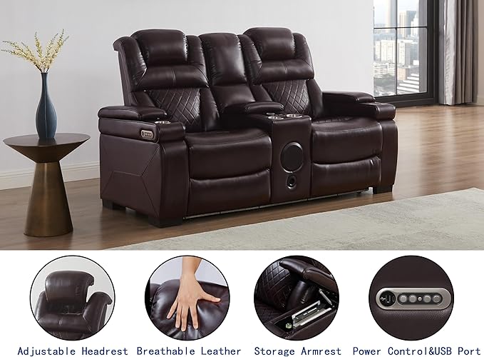 THSUPER Power Breathable Leather Reclining Loveseat with 7-Color LED Light, Living Room Recliner Couch with Adjustable Headrest/USB Port/Wireless Charging/Bluetooth Speaker for Living Room, Brown