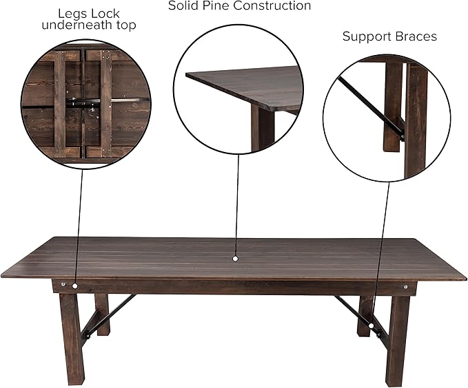 Flash Furniture Hercules Commercial Grade Farmhouse Dining Table | Solid Pine Foldable Table for 10 in Antique Rustic Mahogany | Rustic Charm for Home and Events