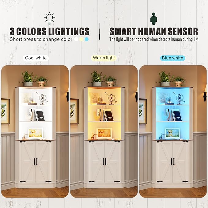 Farmhouse Corner Cabinet with LED Light, 67" Tall Bathroom Cabinet with 2 Doors and 3 Tier Shelves, Free Standing Corner Storage Cabinet for Living Room or Kitchen, White