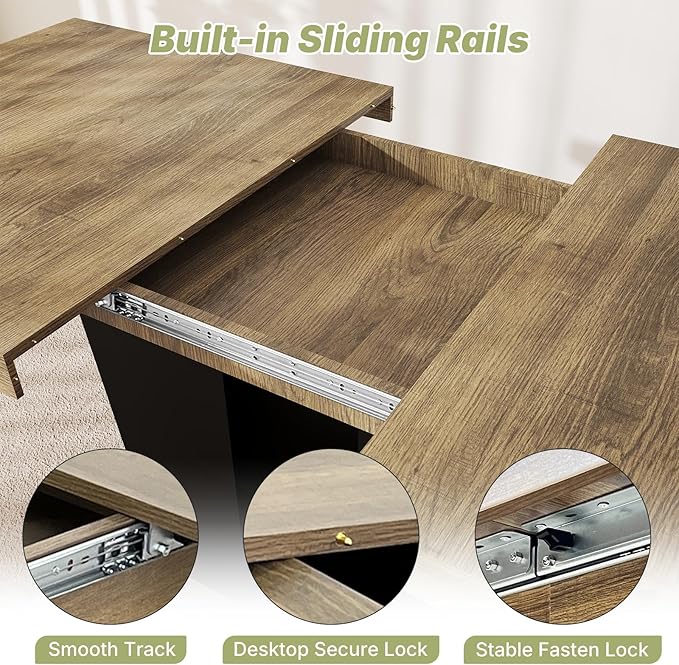 63"-78.7" Expandable Dining Table, 6-10 Rectangle Table, Extendable Console Table, Wooden Farmhouse Kitchen Table with Metal Track & Dual Column Base for Living, Office-Brown