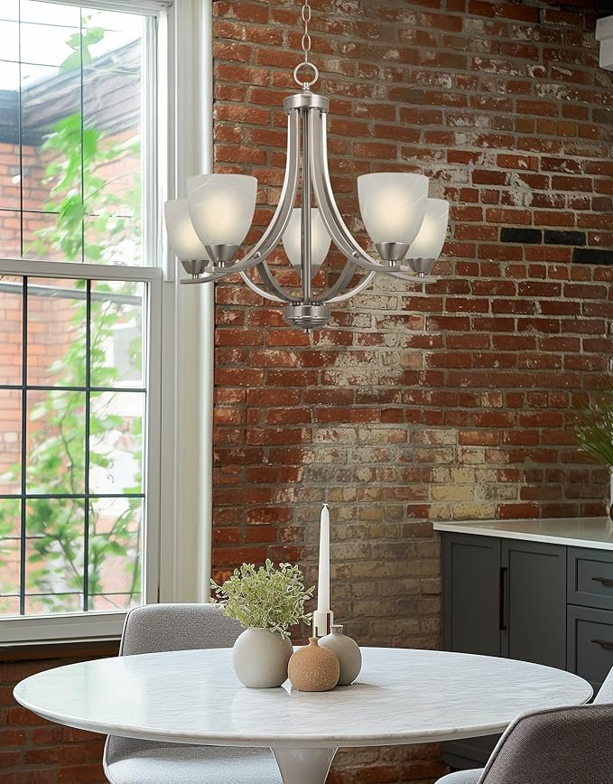 Kira Home Weston 24" Contemporary 5-Light Large Chandelier + Alabaster Glass Shades, Adjustable Chain, Brushed Nickel Finish