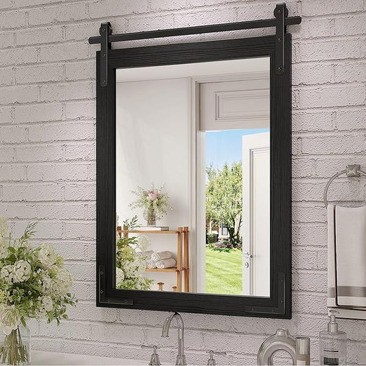Farmhouse Bathroom Mirror, 18x26 Inch Black Wood Framed Rustic Vanity Mirrors for Wall, Rectangular Wall Decor Mirrors for Bedroom Living Room Entryway