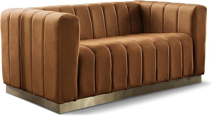 Meridian Furniture 603Saddle-L Marlon Collection Modern | Contemporary Velvet Upholstered Loveseat with Deep Channlel Tufting and Brushed Gold Finish, Saddle, 62.5" W x 34" D x 28" H