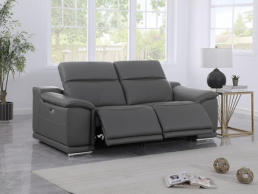 BlackJack Furniture Venice Top Grain Italian Leather Power Recliner Loveseat Sofa - 80" Theater Seating Modern Couch for Living Room Apartment Home with Adjustable Headrests & USB Port, Dark Grey