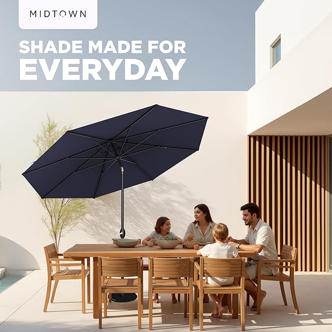 Midtown Umbrellas - 10-Year-No-Fade 8 Ft Patio Umbrella with Terylast Fabric, Auto-Tilt Aluminum Frame and 8 Reinforced Ribs for Deck, Pool, Garden & Beach - Navy Blue Canopy, Black Pole