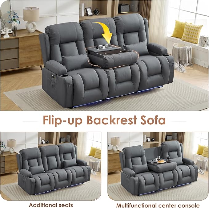 TUNYI Wall Hugger Loveseat Recliner Sofa with Console, Power Reclining Loveseat RV Couch with Massage & Heat/USB/Outlet/Storage/LED Light (Blue, 3 Seat)