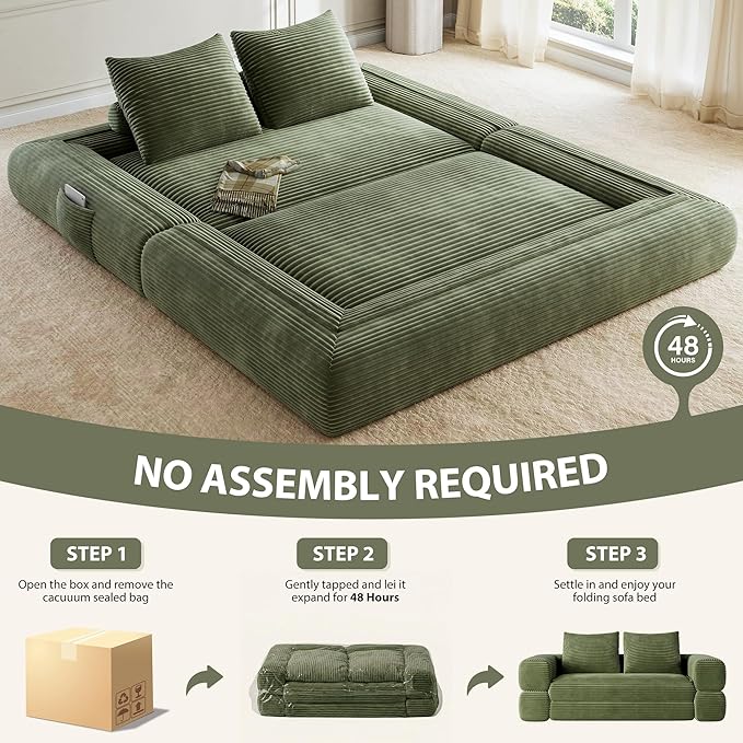 Jocoevol 4-in-1 Convertible Folding Sofa Bed, 68"L x 78"W Queen Size Foldable Sleeper Sofa Bed, Wide Corduroy Upholstery, Boneless Mattress Couch with Armrests & Neck Pillow for Living/Bedroom, Green
