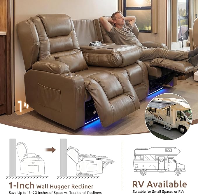 SAMERY Power Loveseat Recliner Sofa, Wall Hugger Reclining Loveseat Sofa, Movie Home Theater Seating with Flip-Backrest, Solid Wood Top, Ambient LED Lights, USB-C, Outlets, Faux Leather, Khaki | Extra Wide Seat, Plush Padding, Dual Power Recline, Flip-...