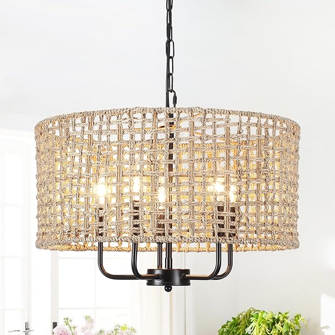 18.9" Hand-Woven Rattan Chandelier 5 Lights Farmhouse Boho Chandeliers for Dining Room Light Fixture Drum Wicker Hanging Pendant Lighting for Living Room Kitchen Island Foyer Hallway, E12