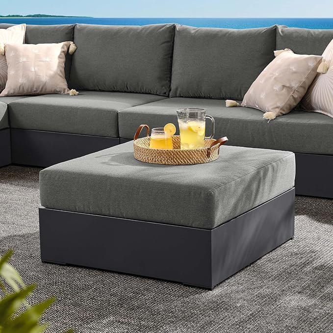 Modway Tahoe Aluminum Ottoman in Gray Charcoal with Weather-Resistant Cushion-Ideal as Outdoor Footstool, Patio or Sunroom Furniture