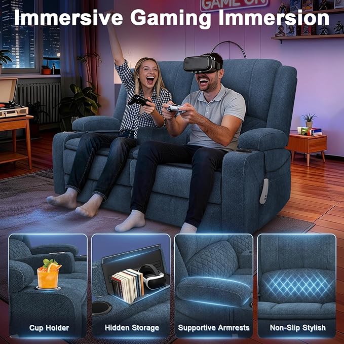 Yolsali Power Reclining Loveseat with Remote Control, Zero Wall Hugger RV Loveseat Recliner Sofa for Living Room with Removable Armrest, 2-Tier Cushions, Hidden Storage & USB Ports, Soft Fabric Blue